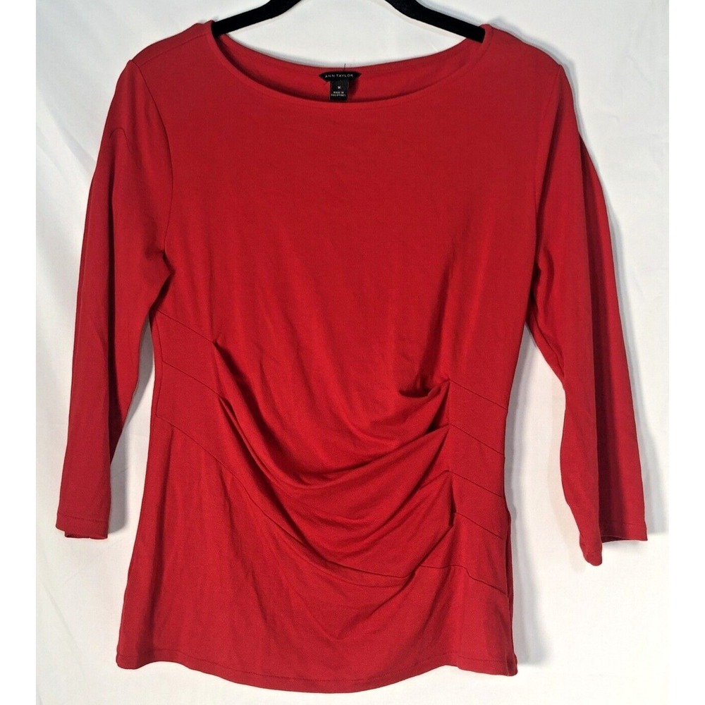 Ann Taylor Women's Red Ruffled/Bunched Long-Sleeve T-Shirt - Size M‎